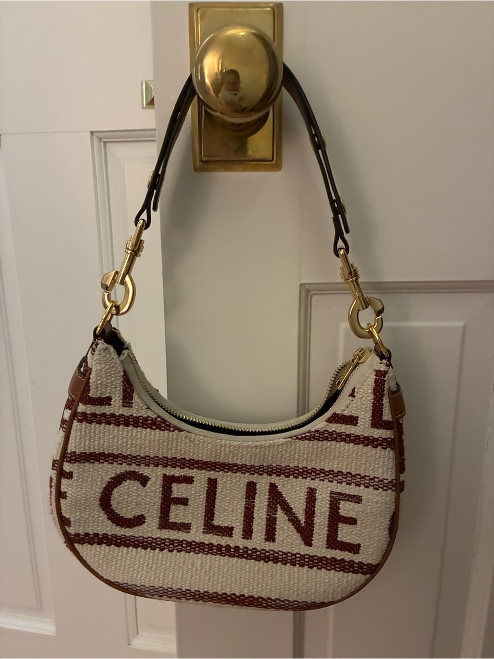 Celine Cream and Burgundy Canvas Logo Shoulder Bag with Gold Hardware